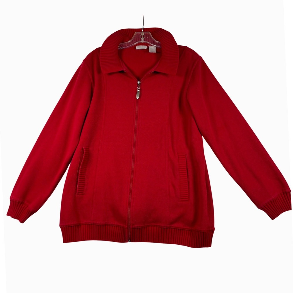 Koret K-Wear Womens Red Full Zip Cardigan Sweater Mock Neck Pockets Size Medium